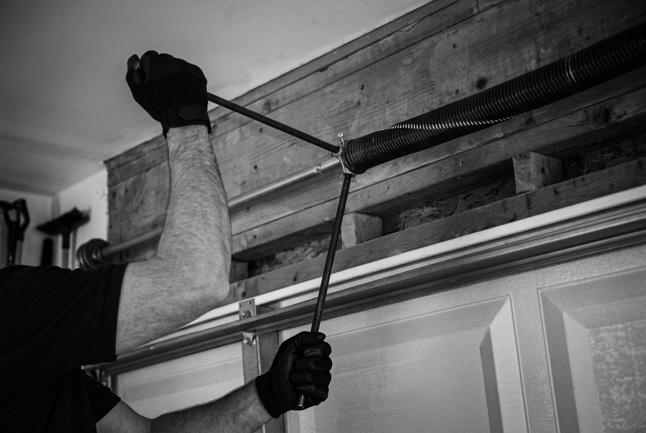 Winding bars centered on a garage door torsion spring being tightened
